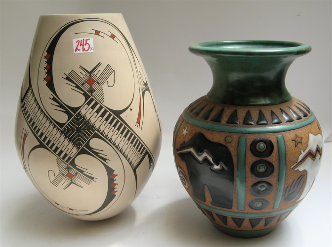 Appraisal: TWO CONTEMPORARY SOUTHWEST STYLE POTTERY PIECES One is a vase