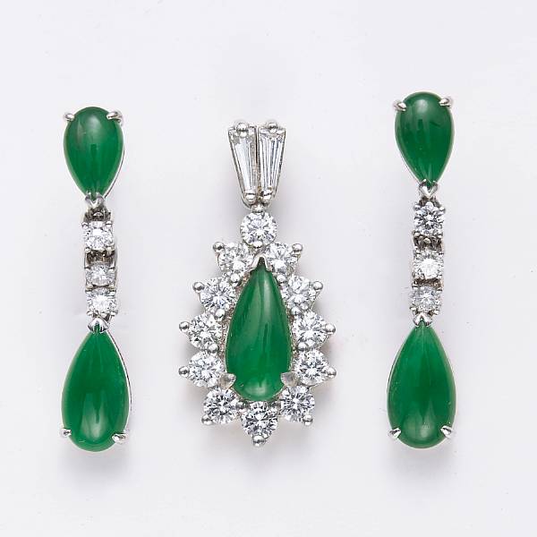 Appraisal: A pair of jadeite jade diamond and eighteen karat white