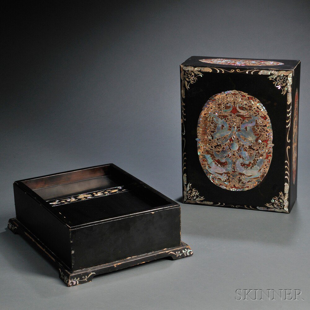 Appraisal: Black Lacquer Wood Document Box with Mother-of-pearl Inlay China th