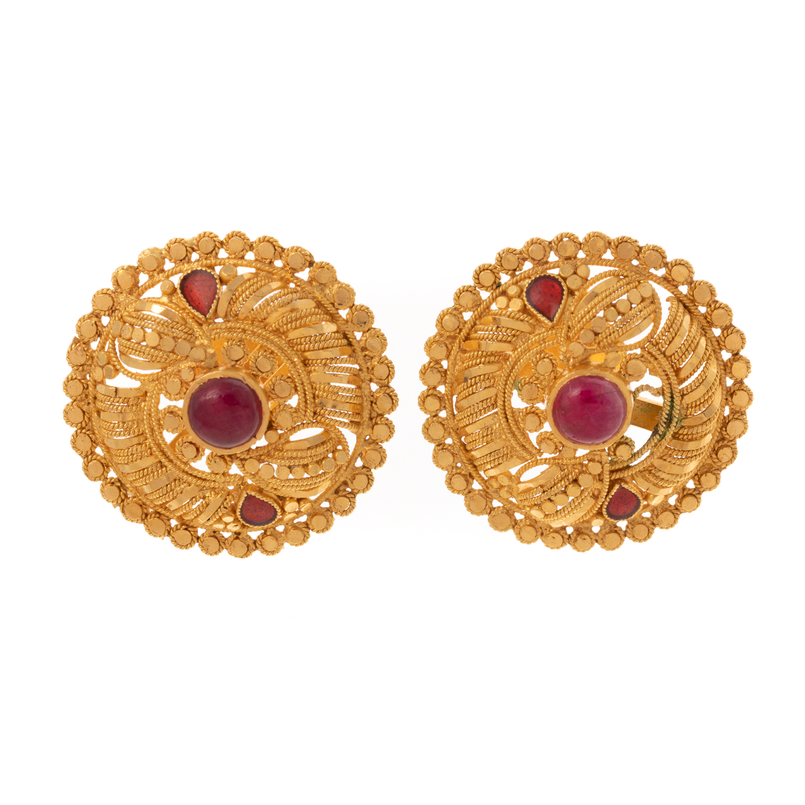 Appraisal: A PAIR OF CABOCHON RUBY EARRINGS IN K K yellow