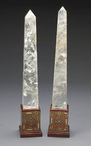 Appraisal: A pair of rock crystal obelisks on Levantine shell and