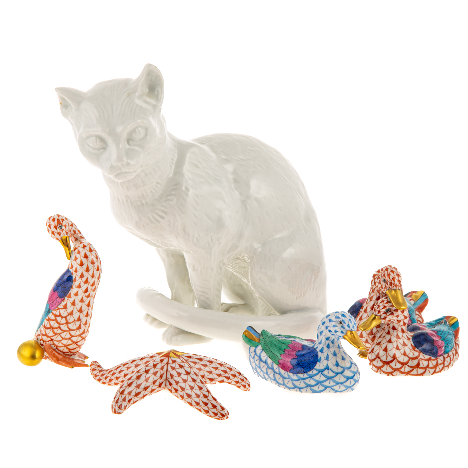 Appraisal: FIVE HEREND PORCELAIN ANIMALS Includes sitting white cat in H