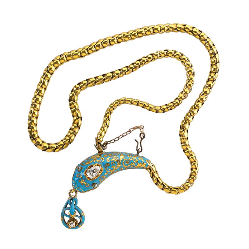 Appraisal: VICTORIAN ENAMELED GOLD DIAMOND SERPENT NECKLACE Condition Report Shallow dent