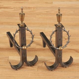 Appraisal: Pair Samuel Yellin style wrought iron andirons Pair Samuel Yellin