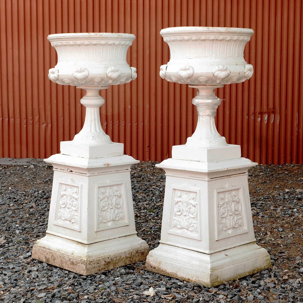 Appraisal: Pair of White Painted Cast Iron Garden Urns x in