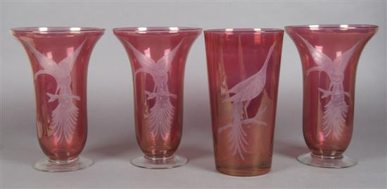 Appraisal: A Collection of Etched Ruby Glass Vases Height of tallest