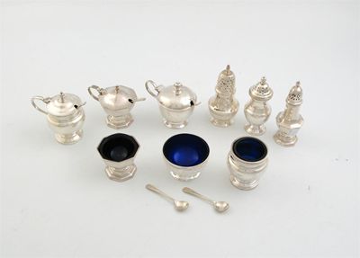 Appraisal: Three modern three piece condiment sets with blue glass liners