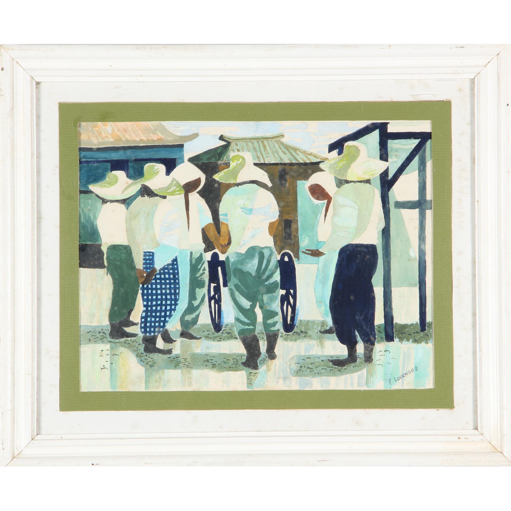 Appraisal: Mid Century Watercolor of Figures watercolor and gouache depicting figures