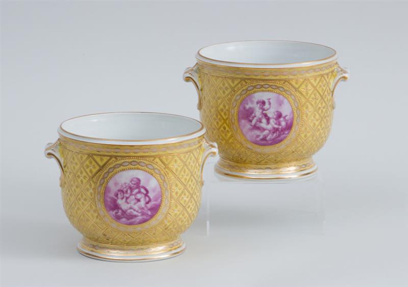 Appraisal: PAIR OF VIENNA PORCELAIN YELLOW-GROUND CACHE POTS With underglaze blue