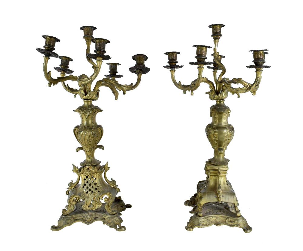 Appraisal: FRENCH ROCOCO STYLE BRONZE CANDELABRACirca Each six-light scrolling candelabrum atop