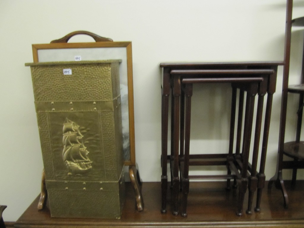 Appraisal: Mahogany nest of three tables plant stand firescreen and brass