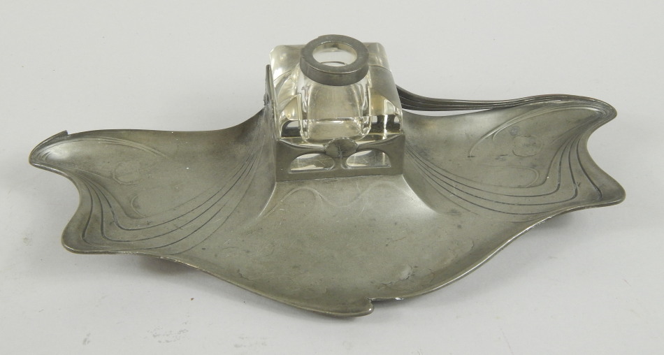 Appraisal: An Orivit Liberty style pewter ink stand with Art Nouveau