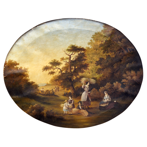 Appraisal: American School th c gathering hay oval oil on canvas