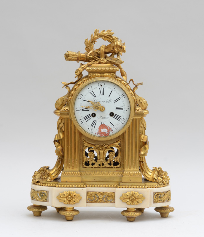 Appraisal: LOUIS XVI STYLE GILT-BRONZE AND MARBLE MANTEL CLOCK HORLAGE POSER