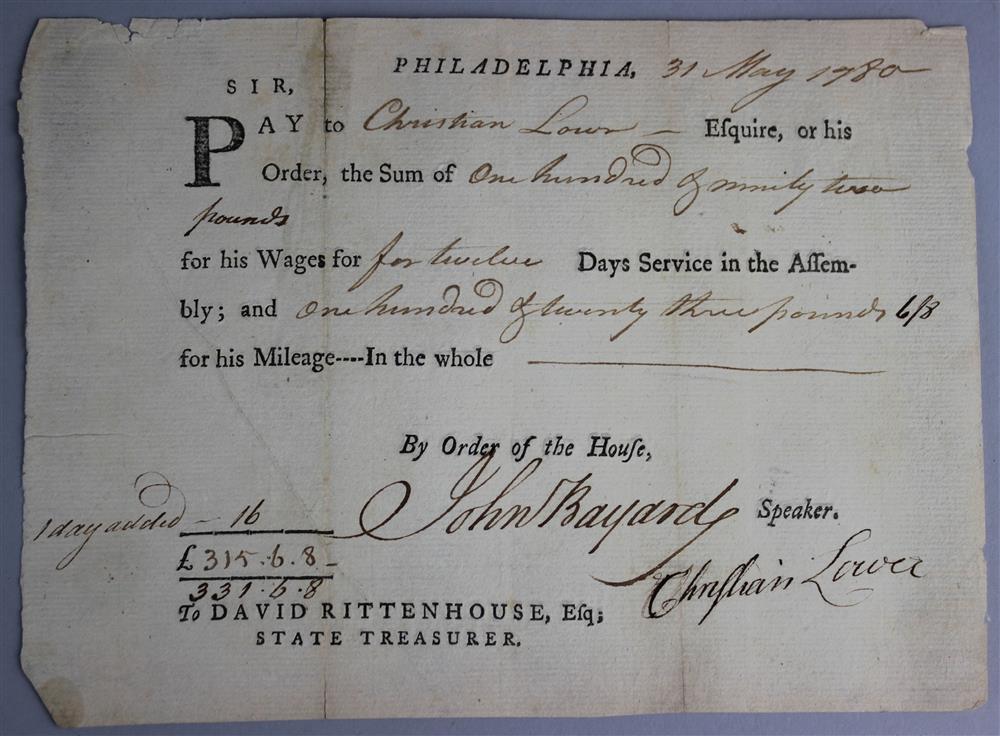 Appraisal: REVOLUTIONARY WAR PAY RECEIPT DATED MAY SIGNED BY JOHN BAYARD