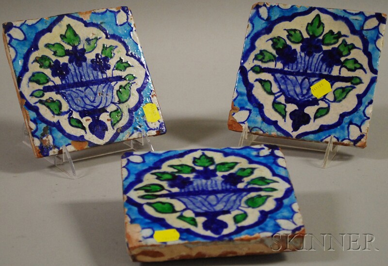 Appraisal: Three Persian-style Decorated Ceramic Tiles x in