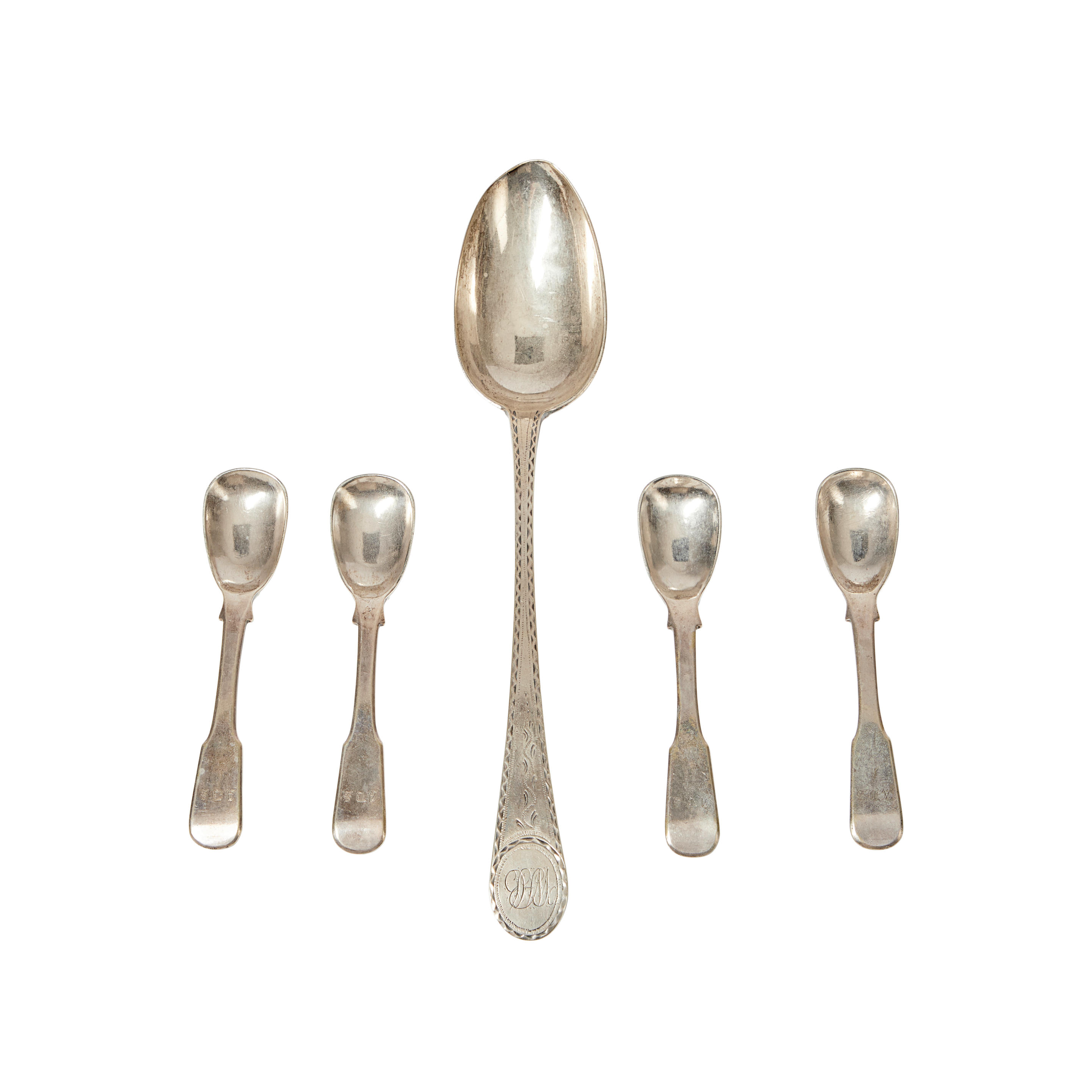 Appraisal: Five Silver Spoons a bright-cut coin silver tablespoon by Joseph