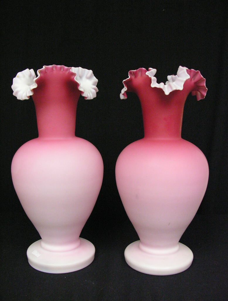 Appraisal: PAIR LARGE SATIN GLASS VASES Size by ruff pontils