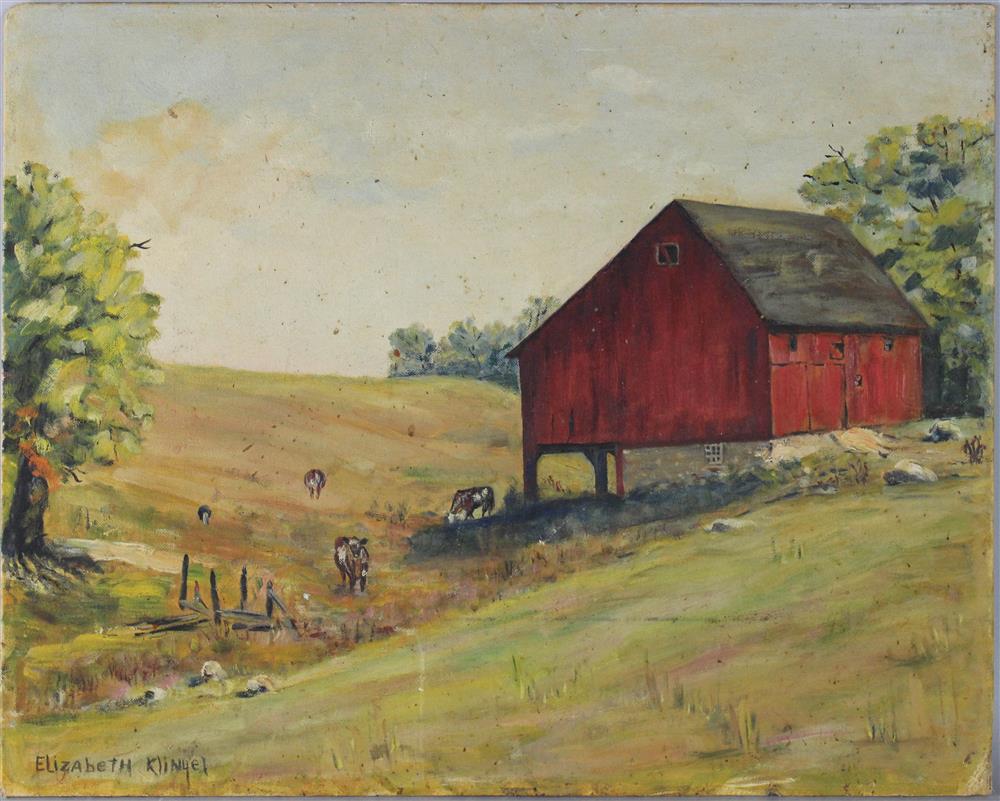 Appraisal: ELIZABETH KLINGEL THE RED BARN Oil on canvasboard x in