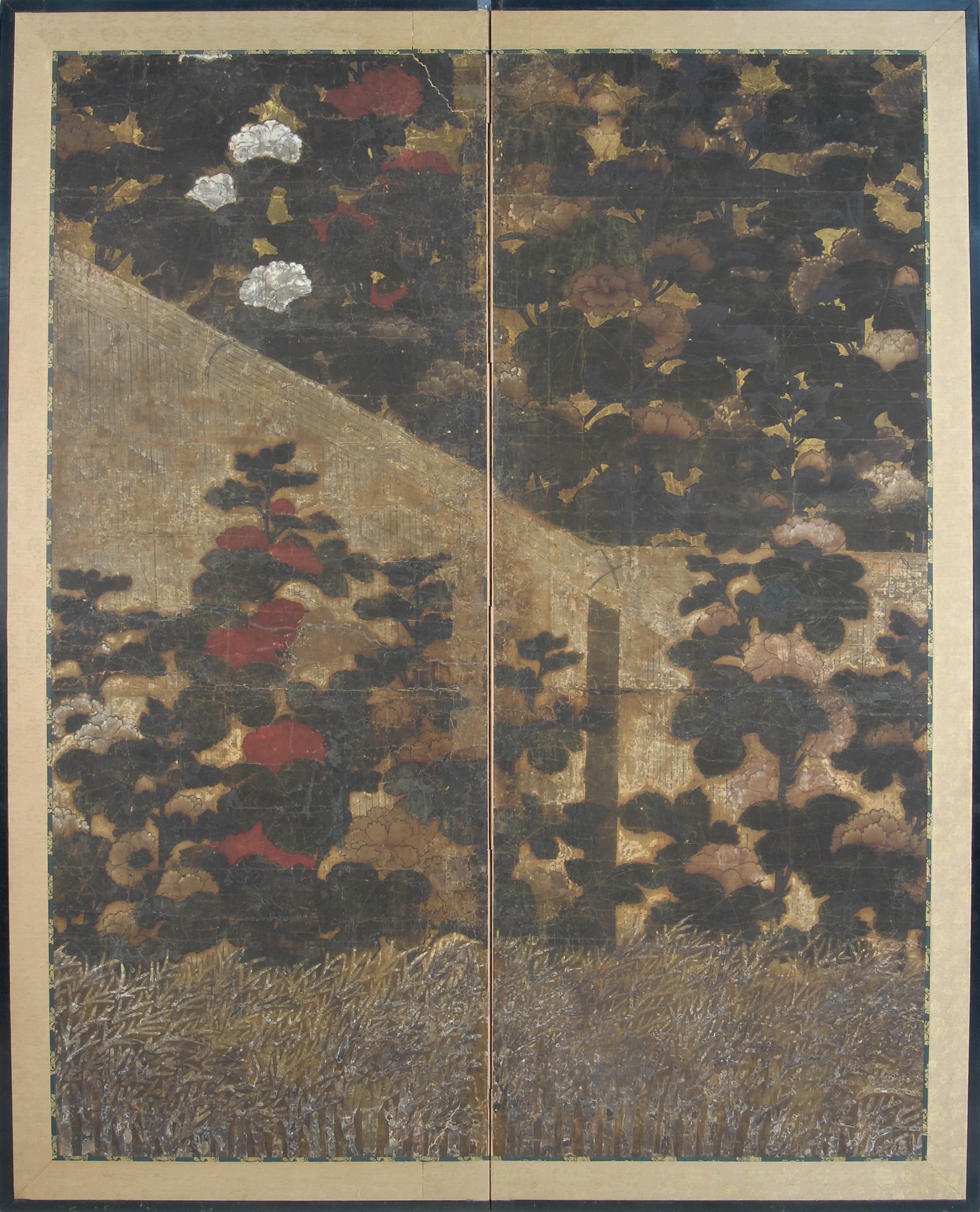 Appraisal: TWO-PANEL SCREEN Edo PeriodWith flower garden scene x cm x