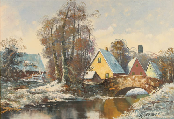 Appraisal: Oil on canvas depicting a winter scene with colorful cottages