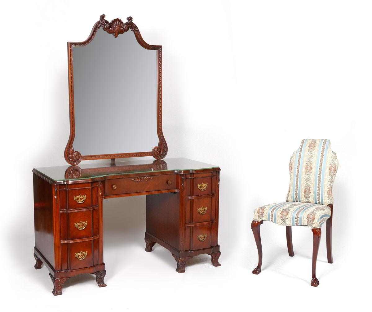 Appraisal: BLOCK FRONT VANITY WITH CHAIR Vanity base with glass top