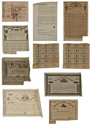 Appraisal: Sixty pieces Confederate fiscal paper Confederate States of America issues