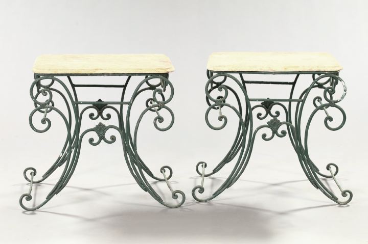 Appraisal: Pair of Provincial-Style Polychromed Wrought-Iron and Marble-Top Side Tables of