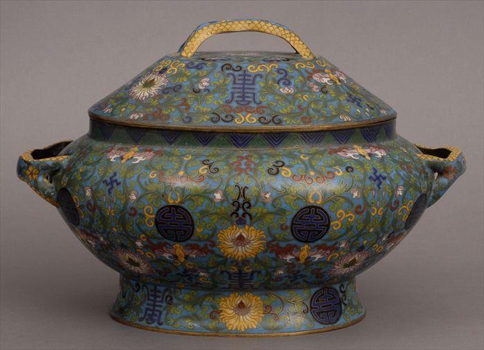 Appraisal: CHINESE TURQUOISE-GROUND CLOISONNE TUREEN AND COVER The ovoid bowl with