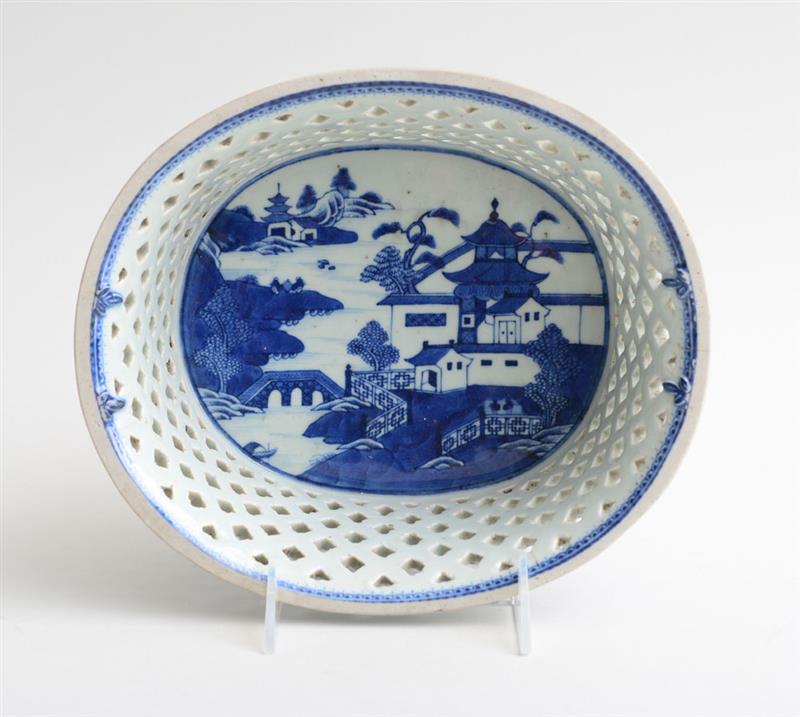 Appraisal: CANTON BLUE AND WHITE PORCELAIN WILLOW CHESTNUT BASKET The interior