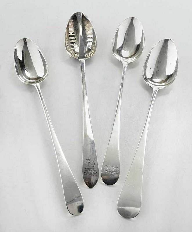 Appraisal: Four English Silver Stuffing and Strainer Spoons Dublin bowl with