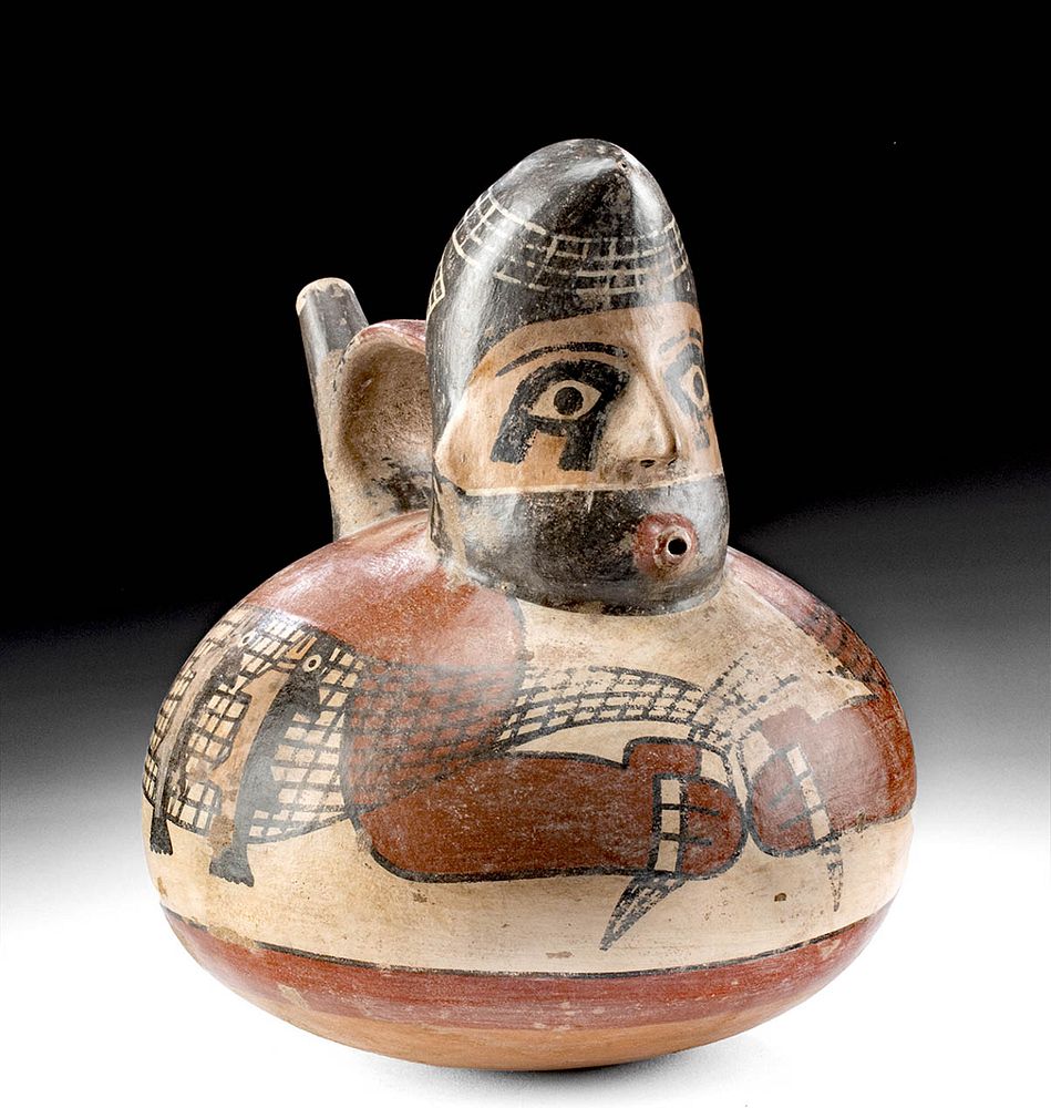 Appraisal: Nazca Polychrome Stirrup Vessel - Nude Fisherman Pre-Columbian South Coast