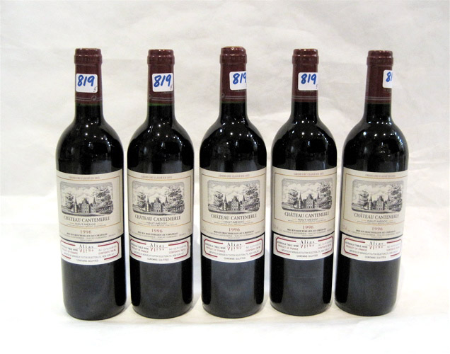 Appraisal: FIVE BOTTLES OF VINTAGE FRENCH RED BORDEAUX WINE Chateau Cantemerle