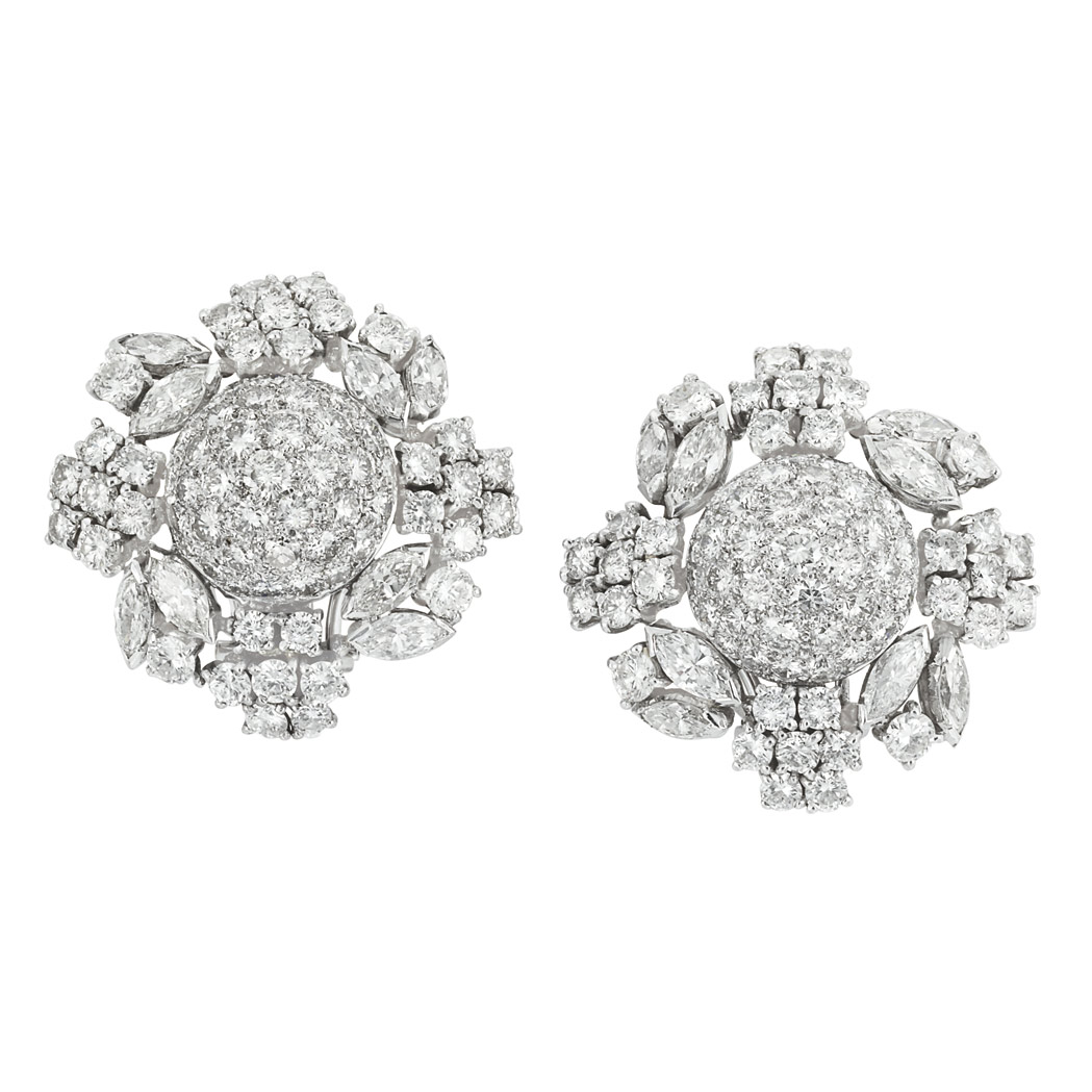 Appraisal: Pair of Platinum and Diamond Earrings Centering circular pave-set diamond