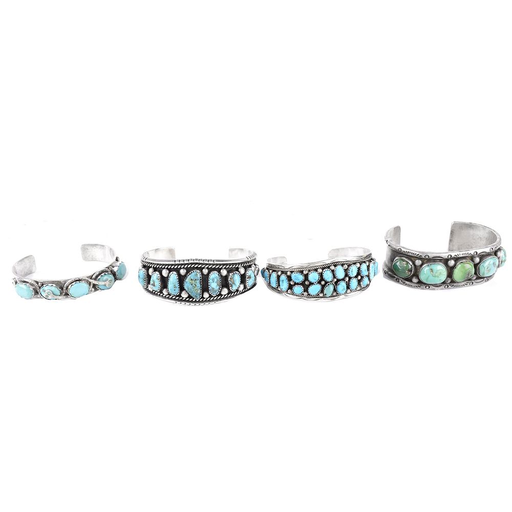 Appraisal: Four Silver and Turquoise Cuff Bangles Four Vintage American Southwest