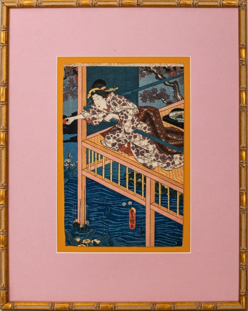 Appraisal: WOMAN ON BALCONY IN MOONLIGHT JAPANESE WOODBLOCK Woman on balcony