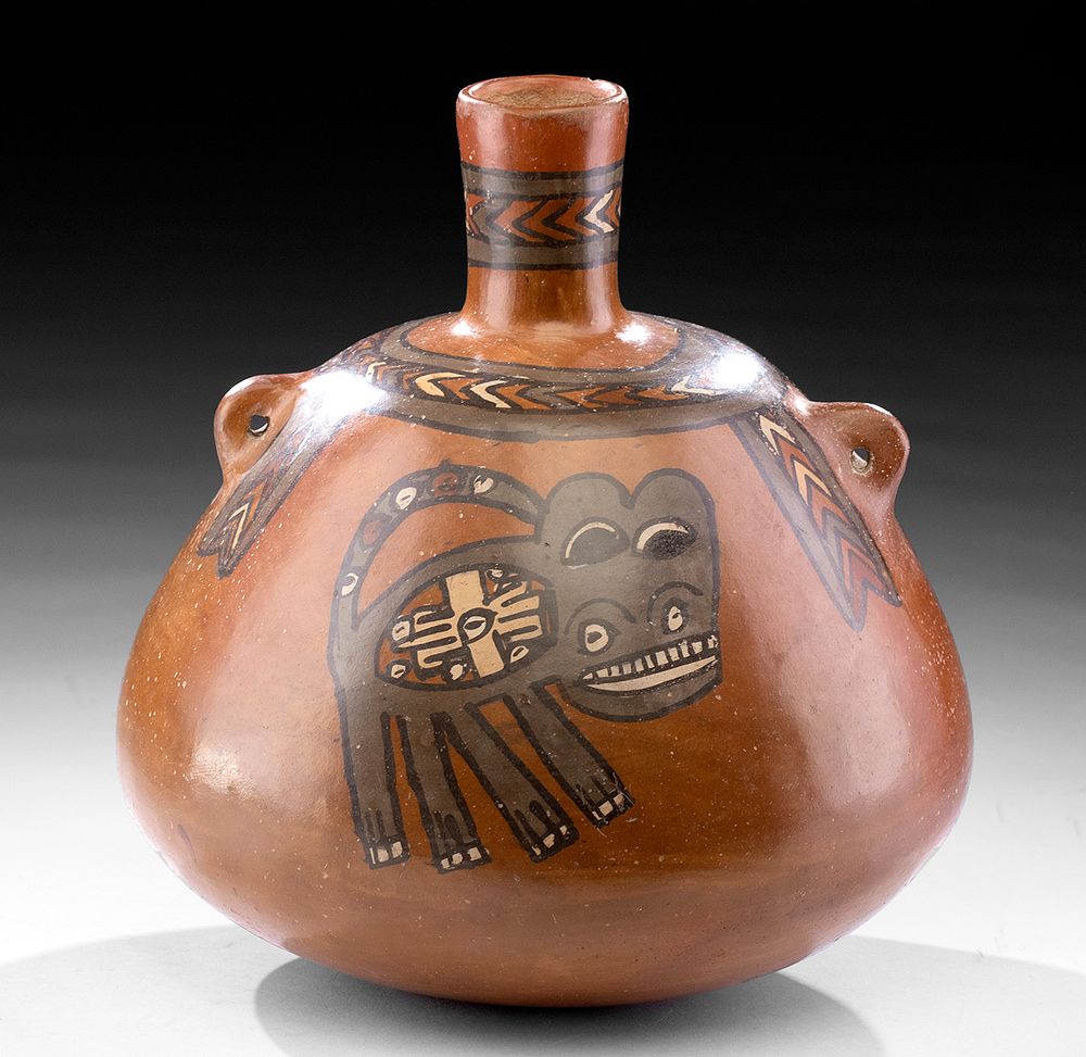 Appraisal: Huari Polychrome Canteen w Zoomorphs Sun Deity Pre-Columbian Peru Huari