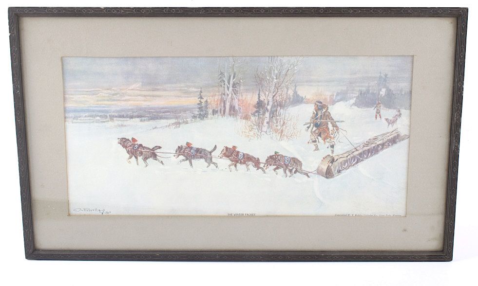 Appraisal: Charlie Russell 'The Winter Packet' Framed Print For your consideration