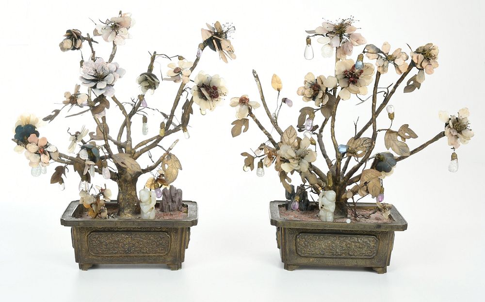 Appraisal: Pair of Chinese Jade Bonsai Trees in Planters each decorated