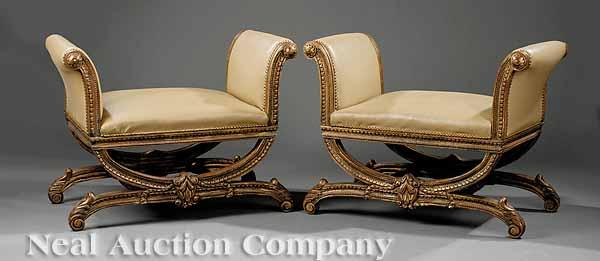 Appraisal: A Pair of Italian Neoclassical-Style Carved Giltwood Curule Benches the