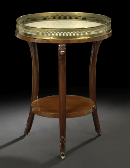 Appraisal: Empire-Style Brass-Mounted Mahogany and Marble-Top Gueridon ca the circular white