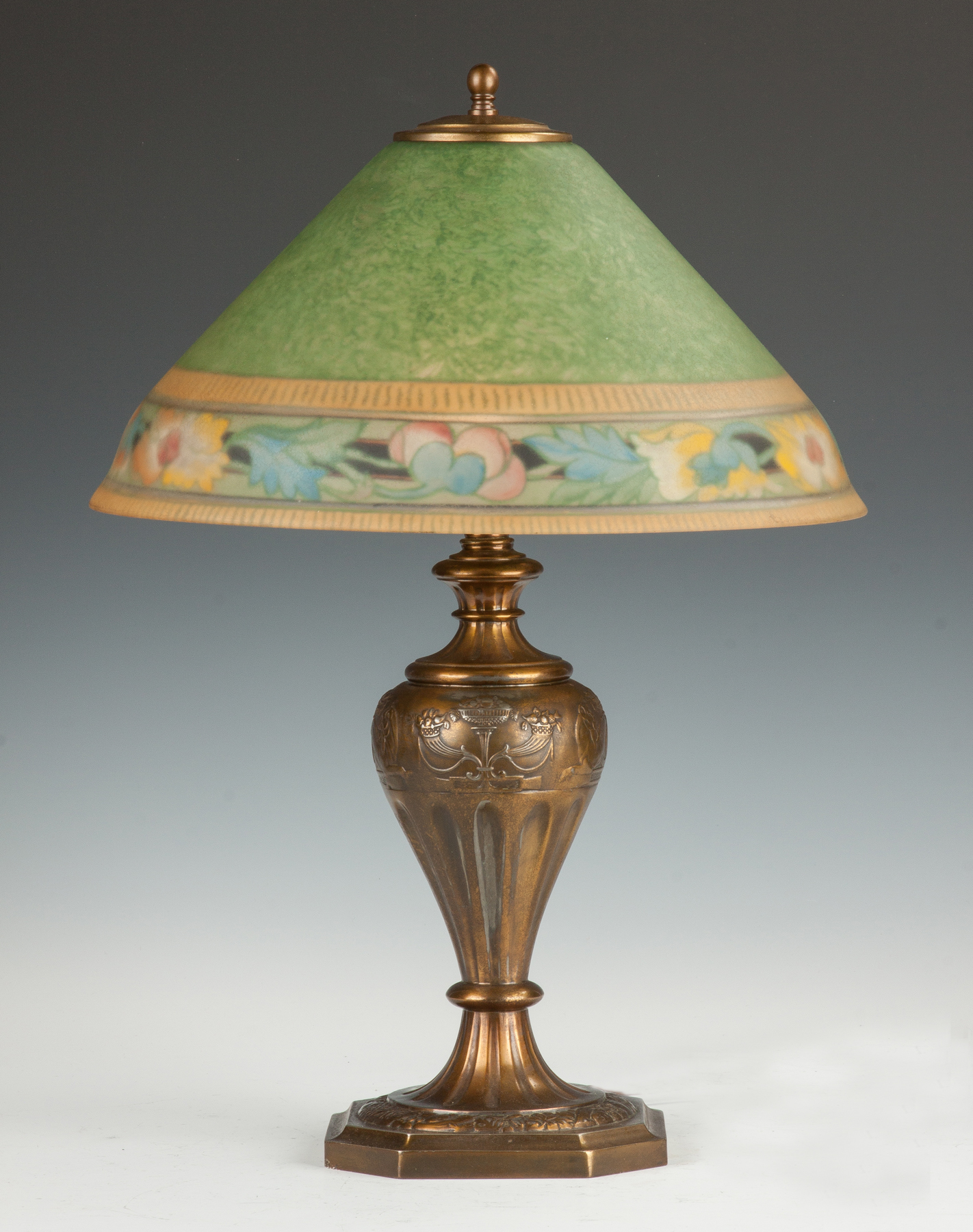 Appraisal: Pairpoint Reverse Painted Lamp with Floral Border Signed patinaed metal