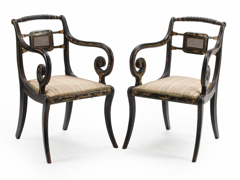 Appraisal: Pair of Regency Black Lacquer and Chinoiserie-Decorated Armchairs th c