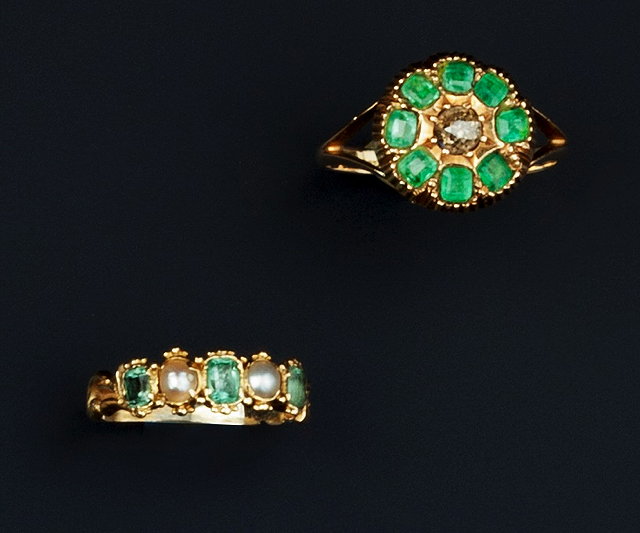 Appraisal: TWO ANTIQUE GEM SET RINGS the first a cluster ring