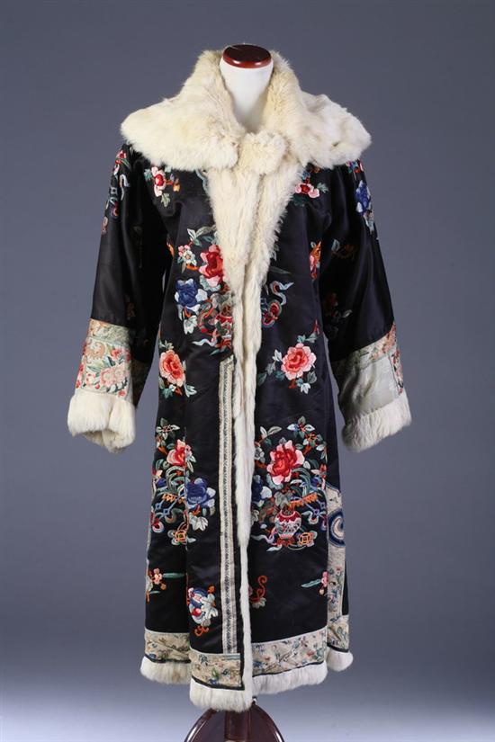 Appraisal: CHINESE EMBROIDERED SILK AND FUR-LINED COAT late th early th