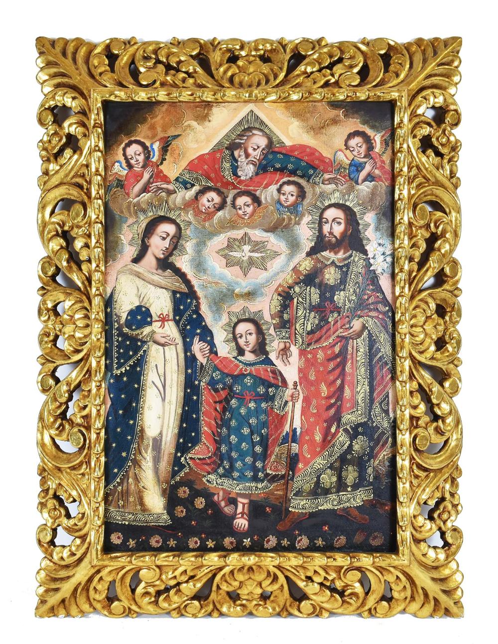 Appraisal: CUZCO SCHOOL TH CENTURY PAINTINGThe Trinity Oil on Canvas Attributed