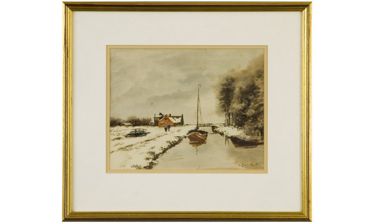 Appraisal: Watercolour Dutch Canal Winter Scene Signed by inches