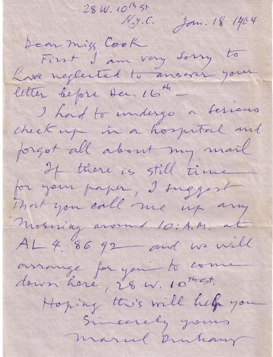 Appraisal: DUCHAMP MARCEL Autograph Letter Signed to Barnard College student Carol