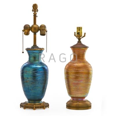 Appraisal: DURAND Two Spider Webbing glass vases as lamps one blue