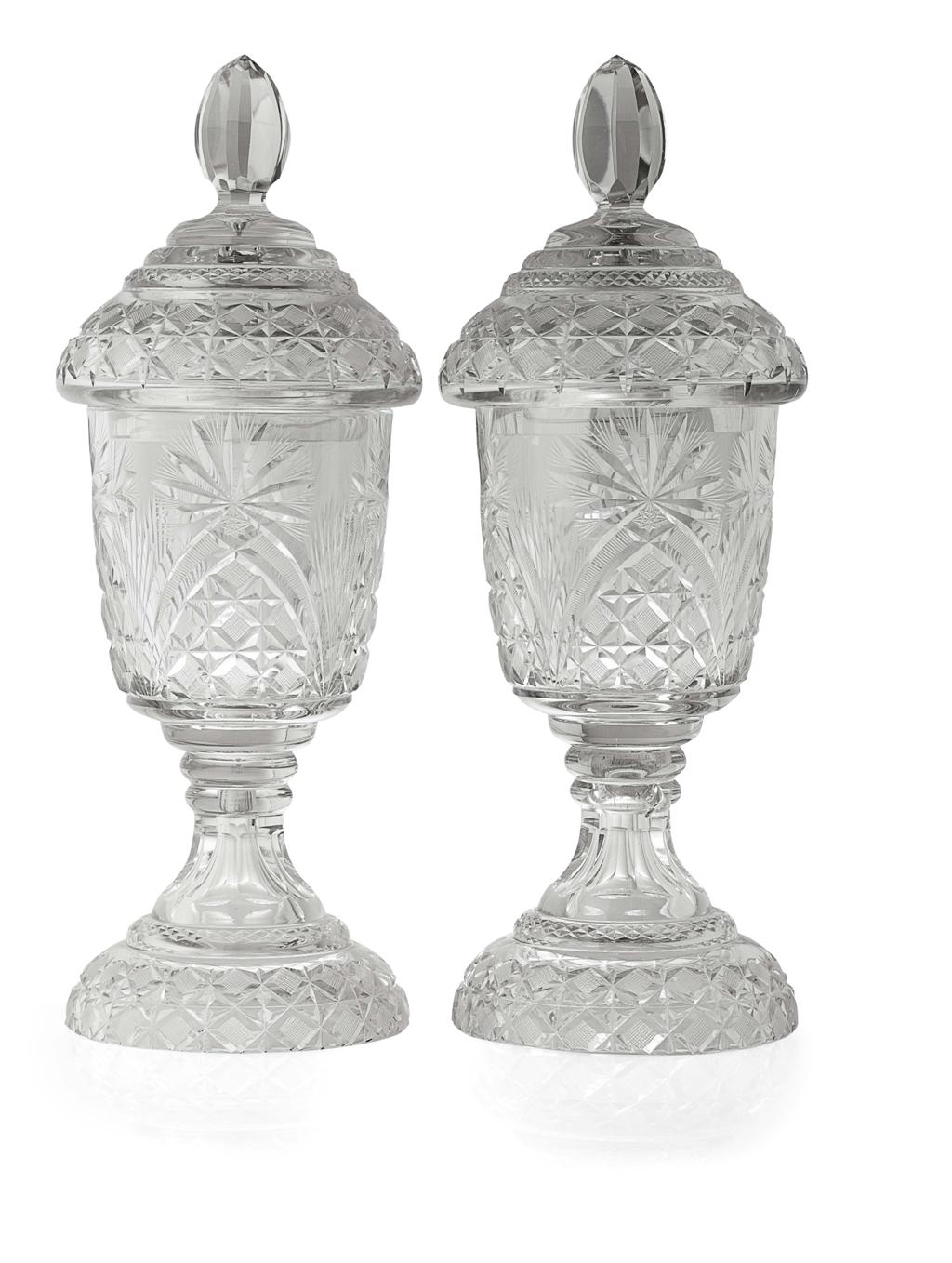 Appraisal: LARGE PAIR OF VICTORIAN CUT GLASS COVERED VASES each with